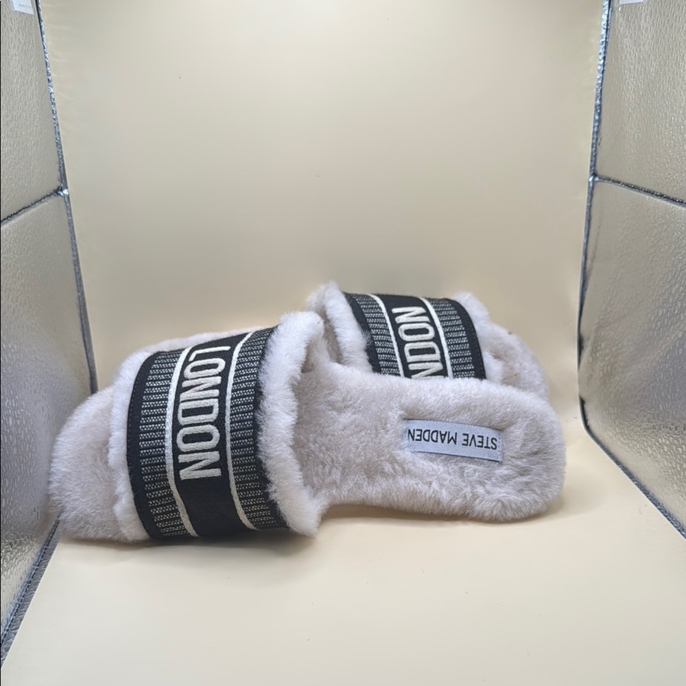 Steve Madden Black and Cream Fuzzy Sandals